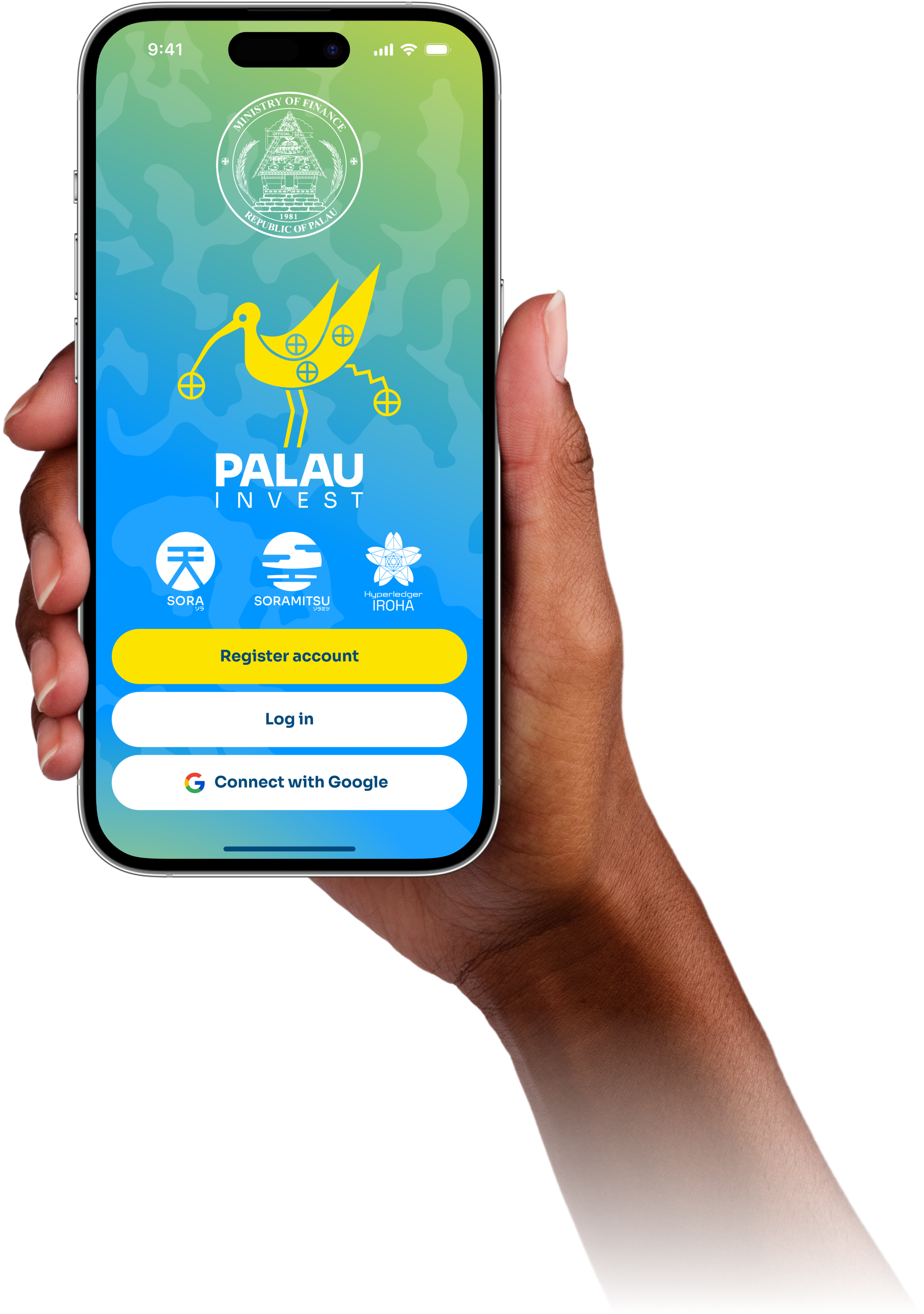 Hand holding phone with Palau invest app